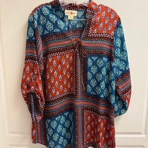 Wishful Park Patchwork Boho Blouse | Paisley Tie Neck Top XL